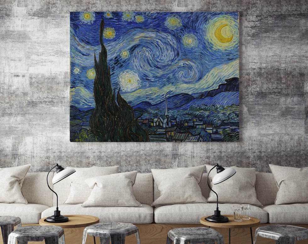 Peinture de Vincent van Gogh La nuit étoilée en situation dans une pièce une fois peinte